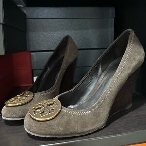 Tory Burch Brown Suede Wedges with Gold Emblem